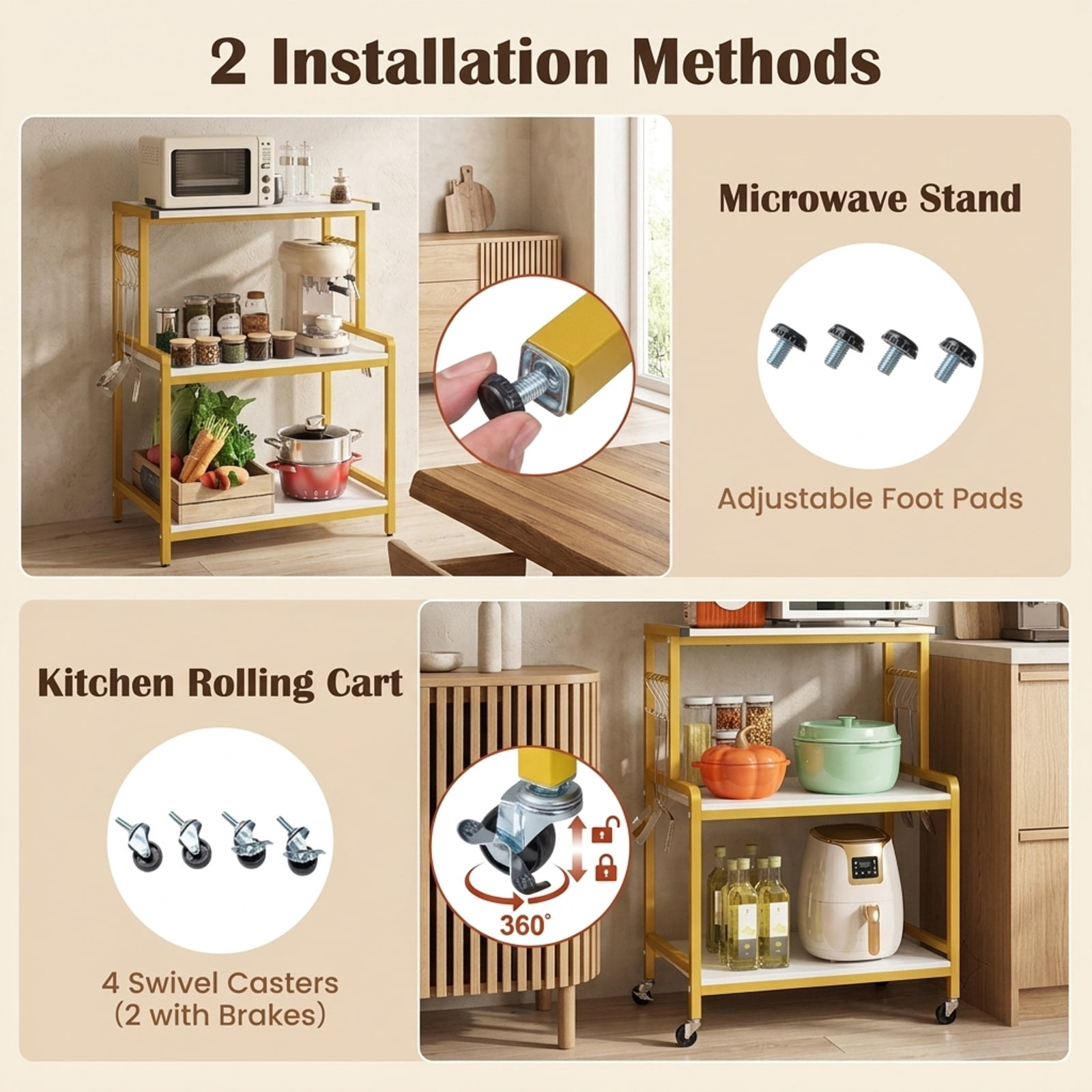 Furnibear 3-Tier Rolling Microwave Cart with Power Outlet and 10 Hooks and Lockable Wheels