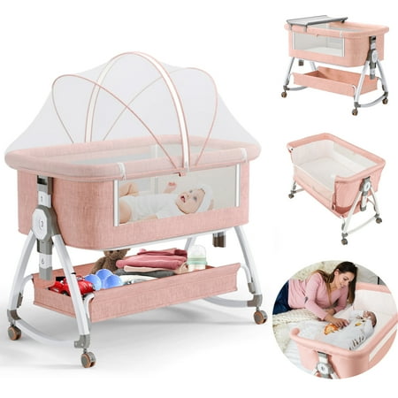 5-in-1 Folding Baby Bassinet 6-Height-Adjustable Crib with Lockable Wheels Changing Table(Pink)