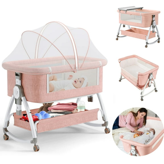 5-in-1 Folding Baby Bassinet,6-Height-Adjustable Crib with Lockable Wheels,Changing Table(Pink)
