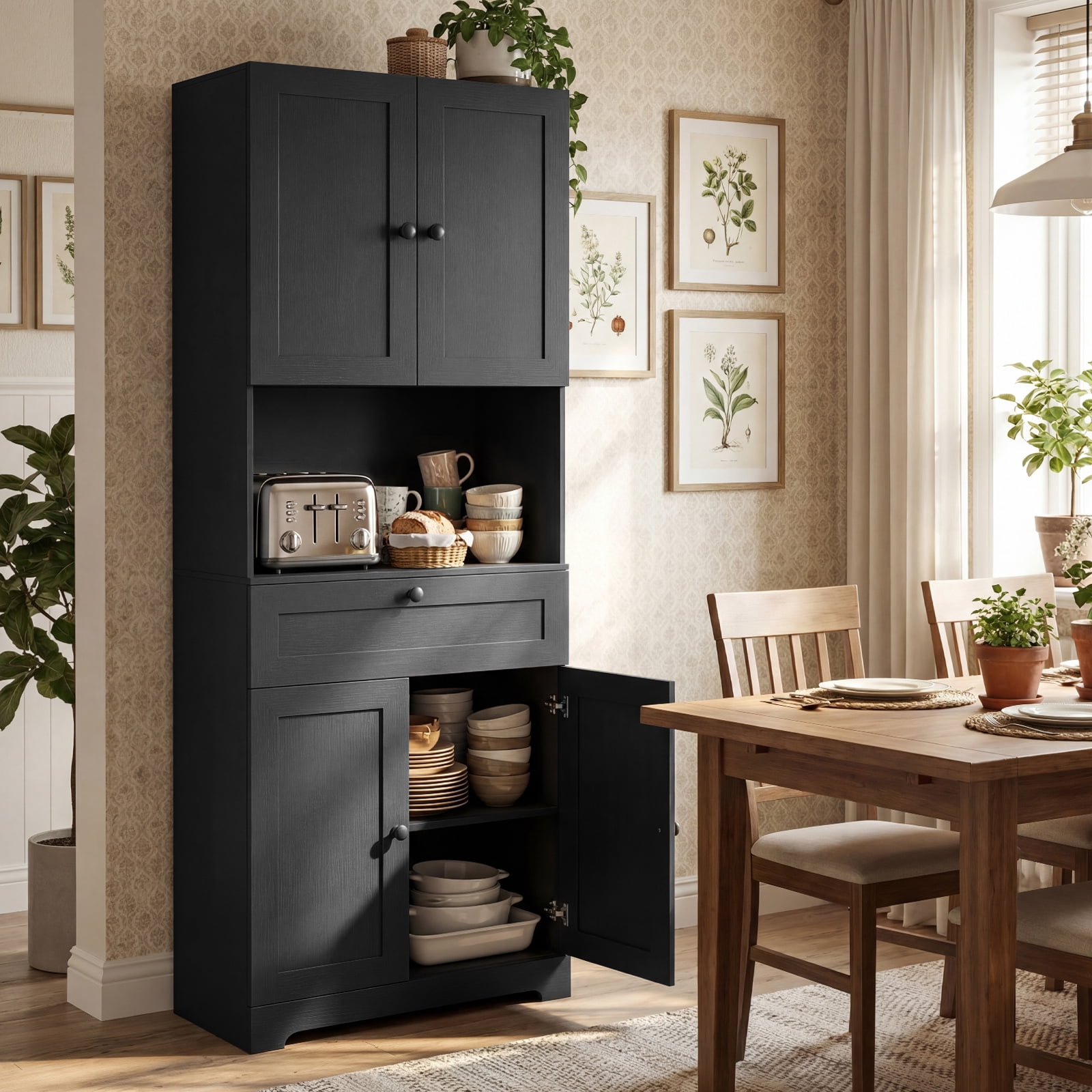 Gymax 67.5'' Kitchen Pantry Cabinet w/4 Doors 1 Drawer Open Countertop Adjustable Shelf
