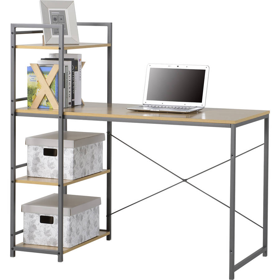 Homestar Desk with Built-In 4-Shelf Bookcase, Natural Wood