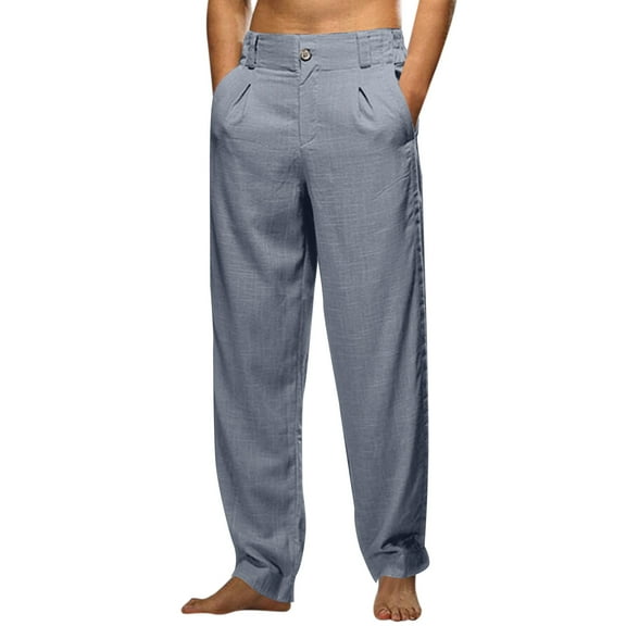 Lisingtool Mens Pants Mens Fashion Casual Solid Color Try Breathable Linen Pocket Elastic Waist Large Size Pants Trousers Blue