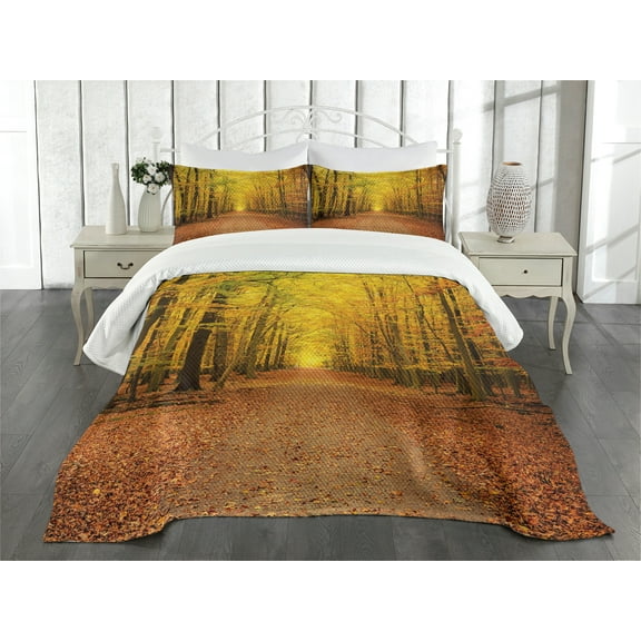 Ambesonne Fall Quilted Bedspread Set 3 Pcs, Seasonal Scenic Park, King Size, Pale Green Orange Brown