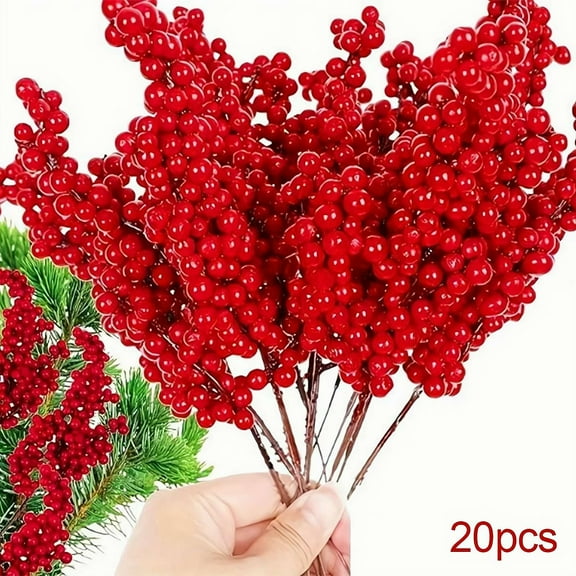 20 Pack Artificial Red Holly Berry Stems for Christmas Tree, Winter Fake Berries Bunch for Home DIY Crafts Holiday Wedding Party Decor