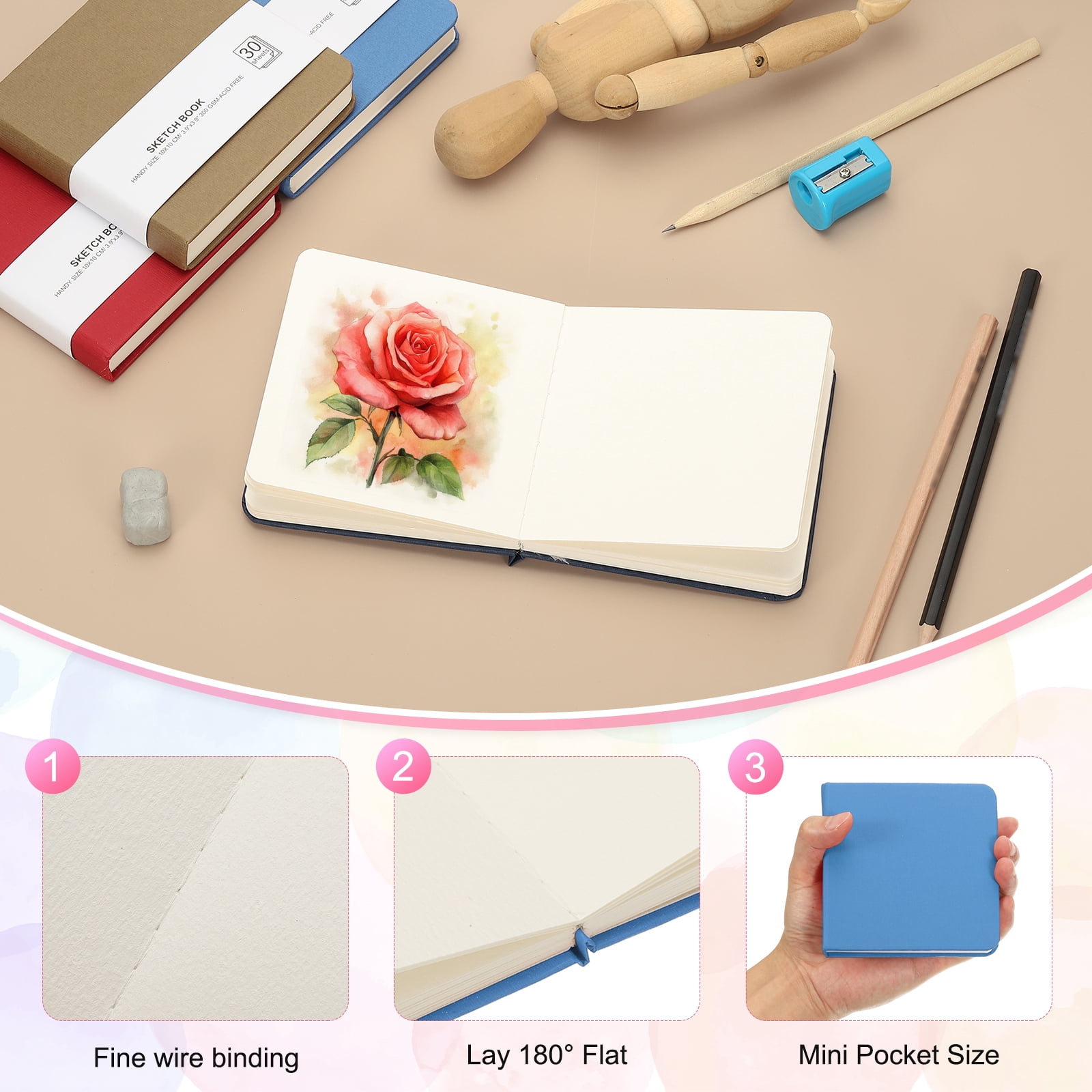 Uxcell 4x4" Watercolor Paper Sketchbook, 4Pcs 30 Sheet 300GSM/203lb Acid Free Watercolor Journal Hardcover Artists Paper Pads for Painting, Blue