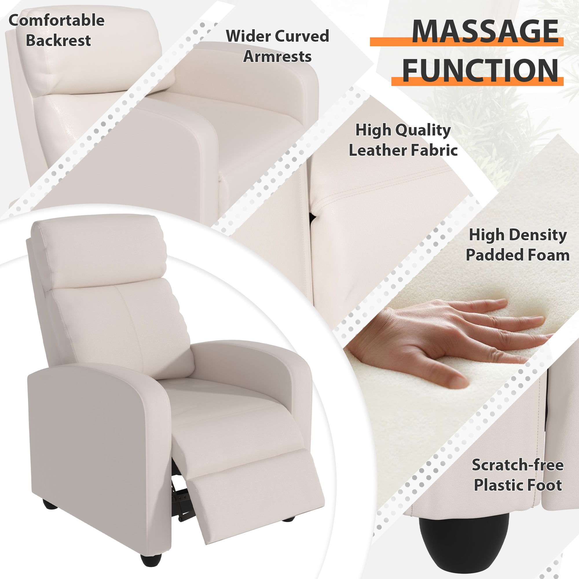 YRLLENSDAN Modern PU Leather Power Recliner Chair with Massage, Adjustable Footrest, Beige