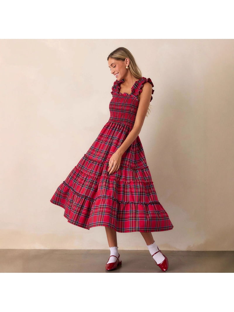red plaid midi dress Plaid Silky Tier Midi Dress