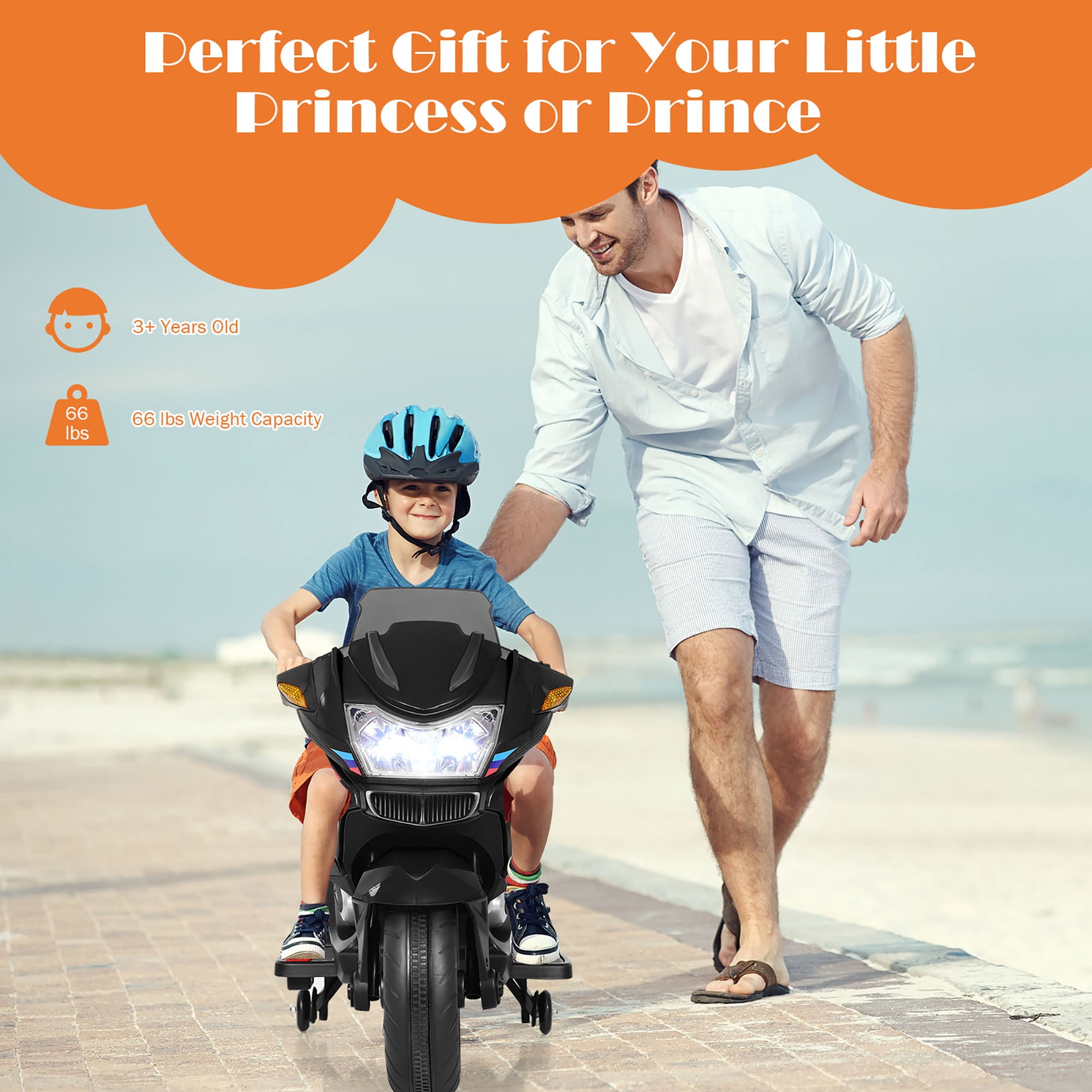 Costway 12V Kids Ride On Motorcycle Electric Motor Bike w/ Training Wheels & Light Black