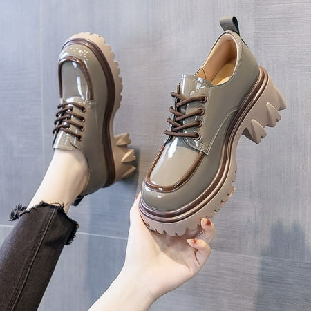 

Women‘s Thick Sole Lace-up Loafers Patent Leather Shoes