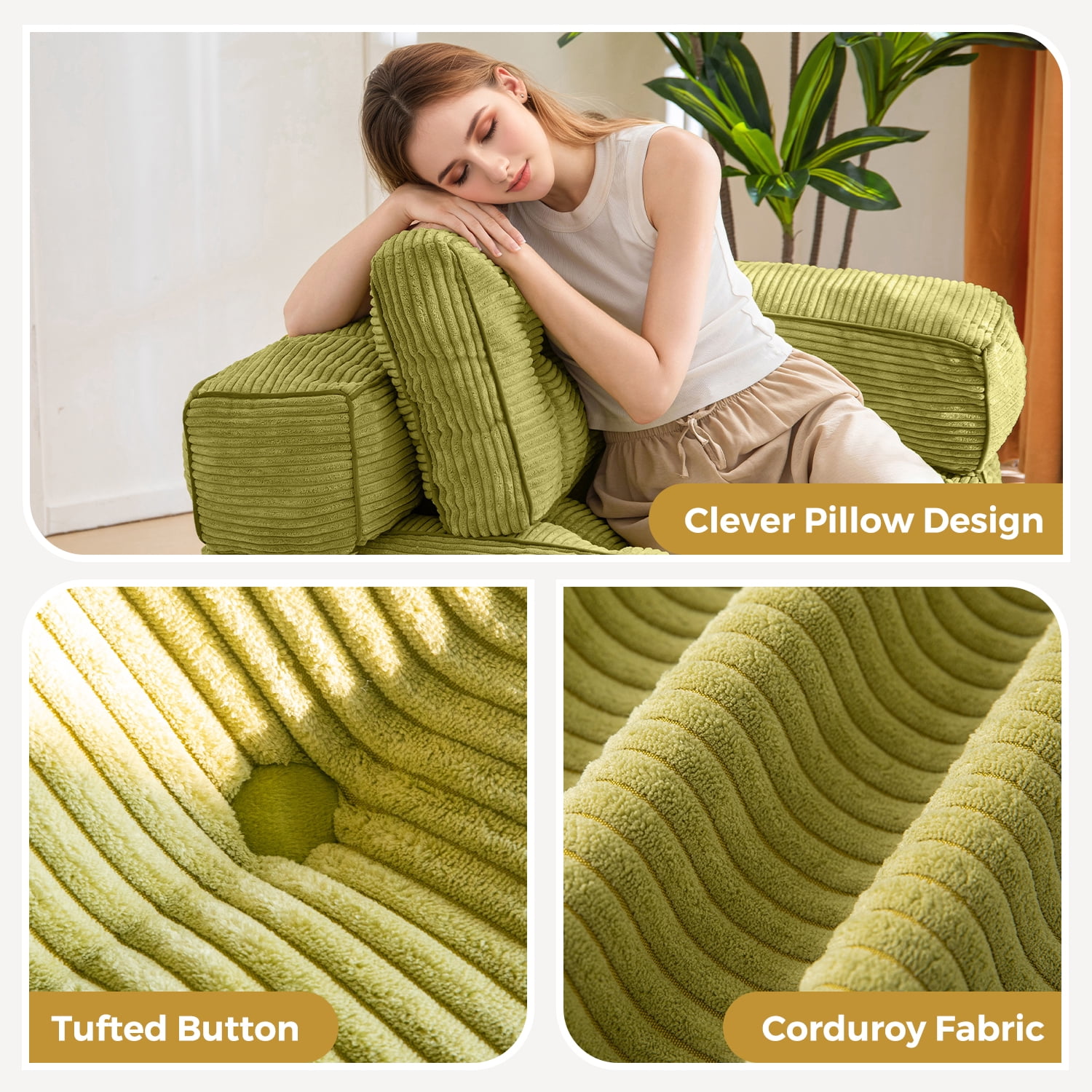 BYBYME Folding Sofa Bed,8 Inch L Shape Convertible Sofa Bed with Armrests,Floor Sofa Bed with Pillows,Portable Folding Chair Bed,Lounger for Living Room and Bedroom,etc.,Green
