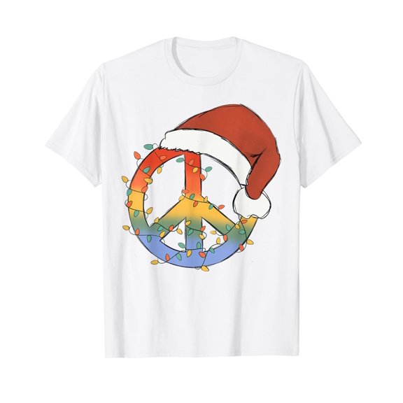 Hippie Christmas Peace Sign Happy Holidays Xmas Lights White T-Shirt