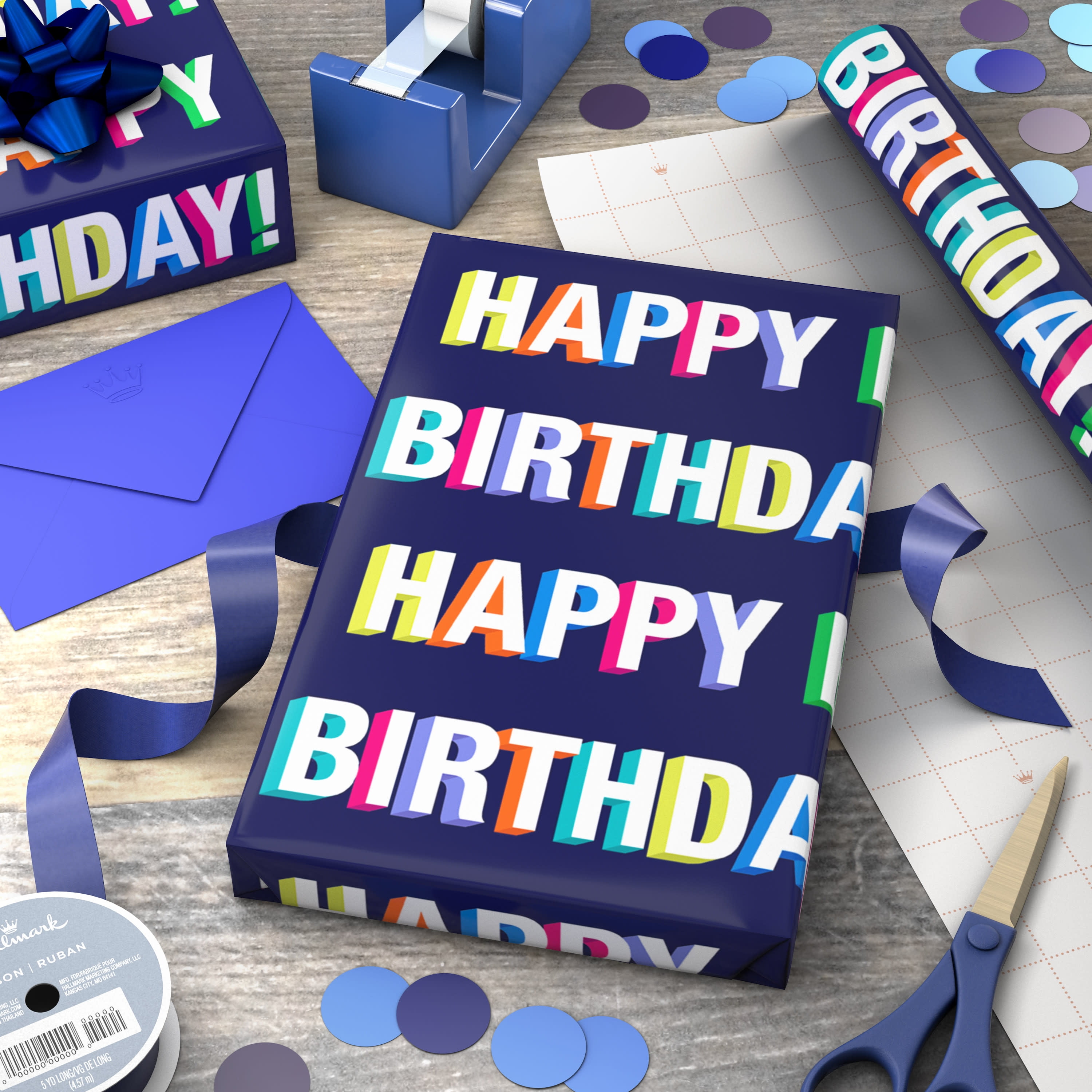 Hallmark Birthday Wrapping Paper Roll (Bold Lettering on Blue) 20 Sq. ft.