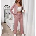thumbnail image 2 of 2 unidades mujeres waffle Lounge traje color puro manga larga ronda Masajeadores de cuello abrigo alta cintura recta Pantalones suelta casual para el hogar, 2 of 7