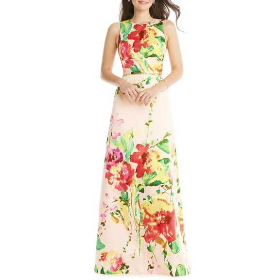 Alfred Sung Blush Pink Floral Jewel Neck Asymmetrical Shirred Bodice Maxi Dress - 8