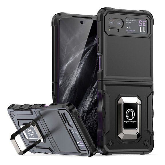 TJS for Motorola Razr 2023 / Razr 40 Phone Case, [Military Grade] Heavy Duty Magnetic Support Ring Kickstand Cover for Moto Razr 2023 / Razr 40 (Black)