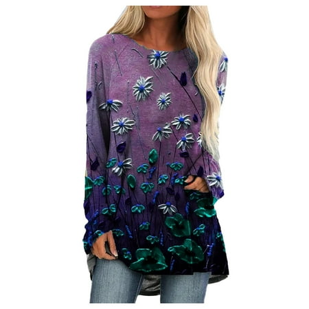 sebulube Women's Pullover Round Neck Long Positioning Flower Print Long Sleeve Top