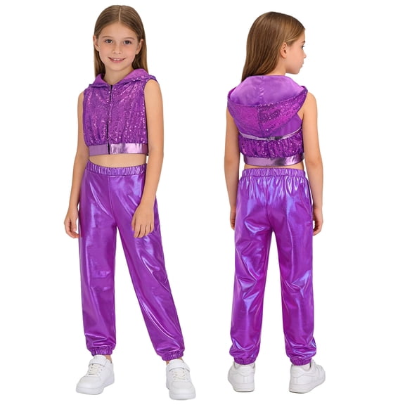Sholeno Girls Sequins Sleeveless Zipper Hooded Top with Metallic Pants Set Club Jazz Hip Hop Disco Dance Outfits Purple 16