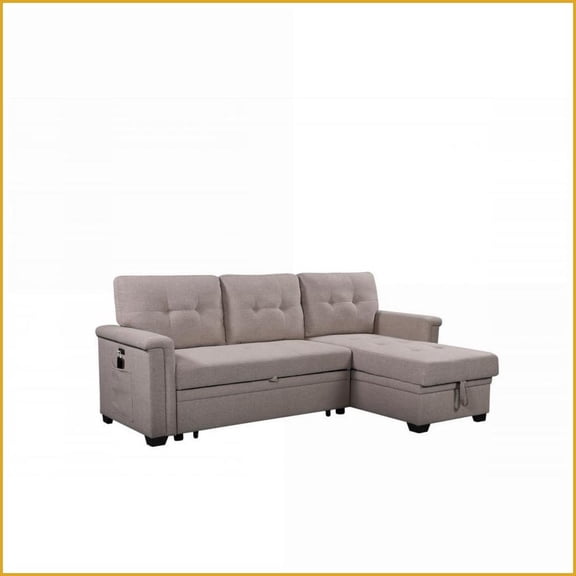 84” Modern Reversible Sleeper Sectional with Storage Chaise, USB Ports & Pockets | Light Gray | Tufted Back | Square Arms