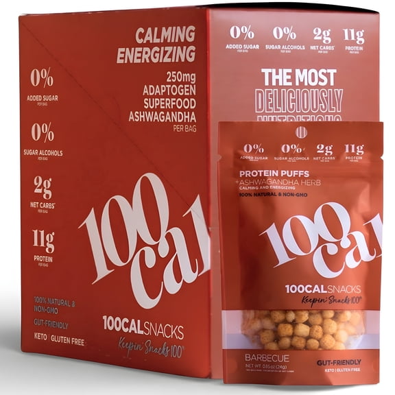 100 Cal Snacks Protein Puffs BBQ, High Protein Low Carb Snack, Gut Healthy, Gluten Free, 0.84 oz bag, 5 bags