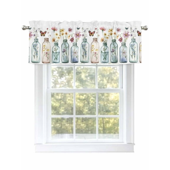 Country Flower Vase Valances for Windows, Rod Pocket Kitchen Valance Curtains - Soft & Washable Small Window Treatment for Living Room, Bathroom, Butterfly , 42x12 Inch, 1 Panel