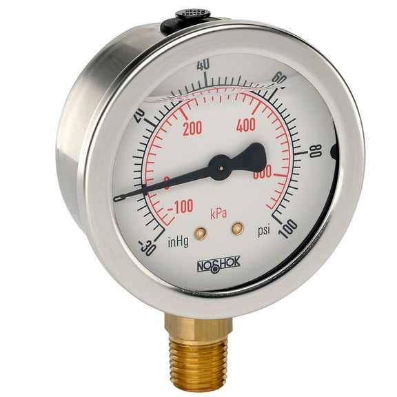 NOSHOK Vacuum Gauge, 2.5" 304SS Case, Copper Alloy Internals, 30 vac/bar, 1/4 NPT Male Bottom Conn, Glycerin Filled