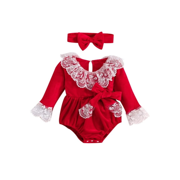 Wassery Baby Girls Christmas Romper Long Sleeve Lace Collar Bow Onesie 3 6 12 18 24 Months Newborn Spring Autumn Bodysuits Infant Christmas One Piece Jumpsuits