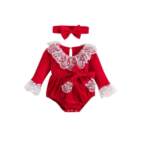 

Luethbiezx Baby Girls Romper featuring Long Sleeves Lace Collar and Red Headband
