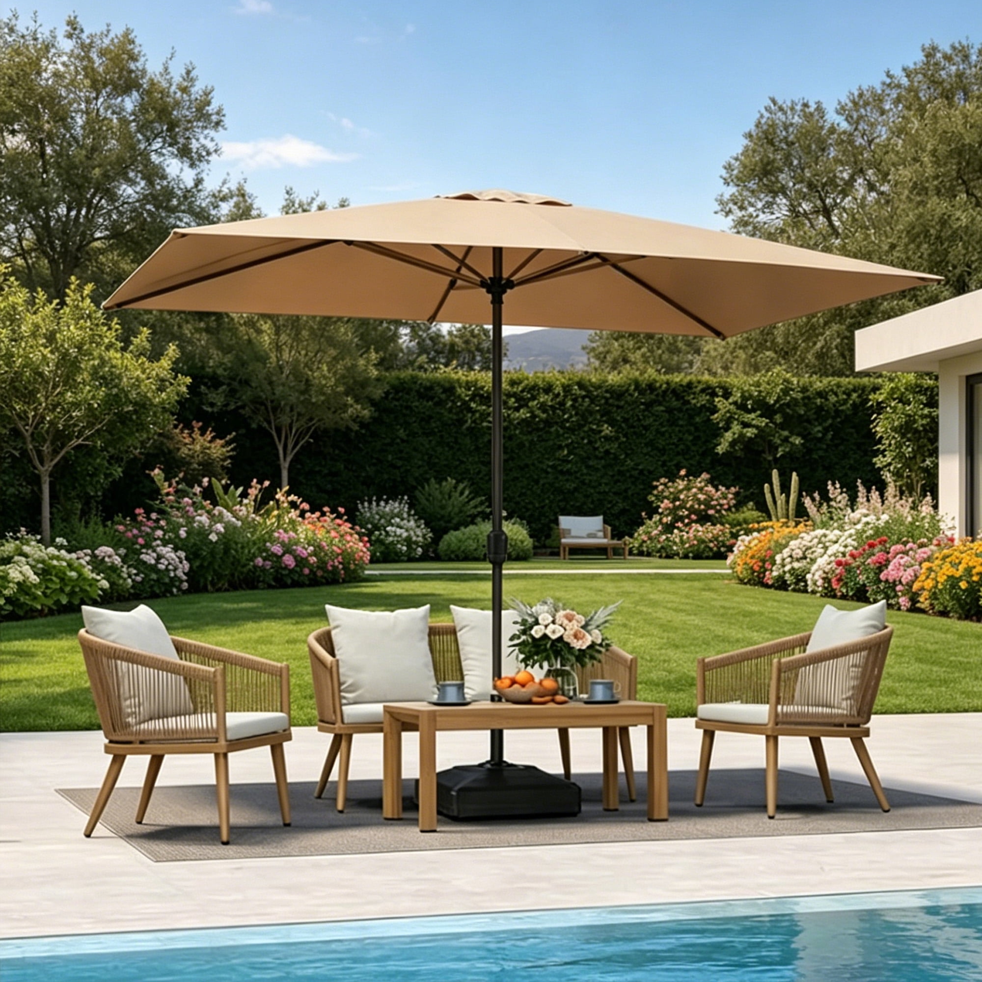 Kool 10x6.5ft Rectangular Patio Umbrella with Crank Handle, Outdoor Market Umbrella with 6 Sturdy Umbrella Ribs, Waterproof, Tan