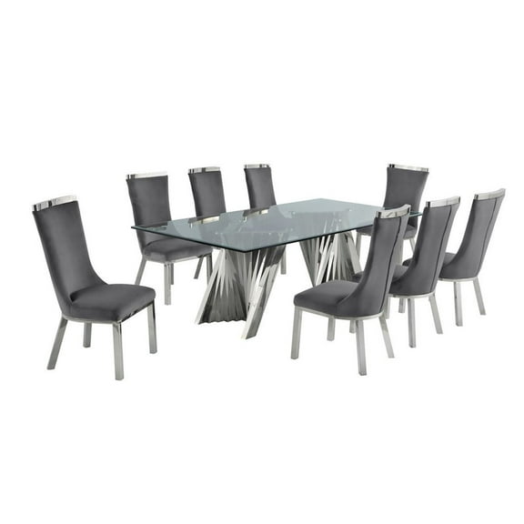 Clear Glass 9pc Dining Set with Silver Stainless Steel and 8 Chairs
