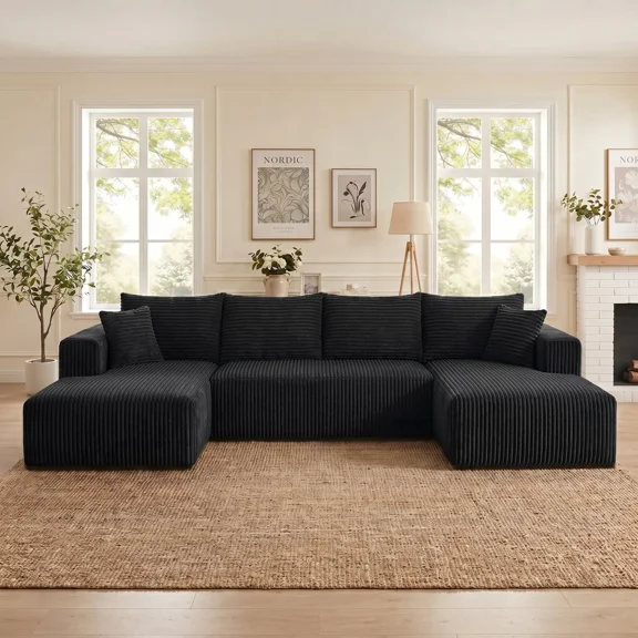 VERDECORE 127" Modular U-Shaped Boneless Sofa, Modern Corduroy Deep Seat Cloud Sectional Couch, No Assembly, Black for Living Room