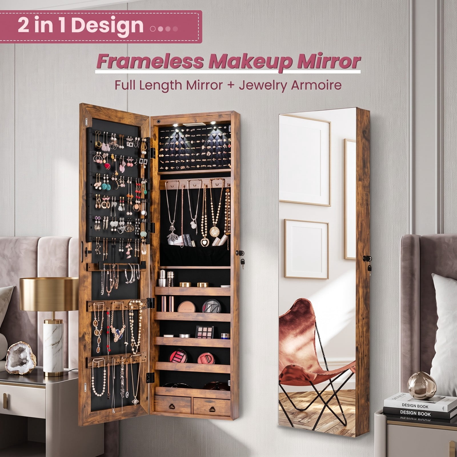 Furnibear Lockable Wall and Door Mounted Jewelry Cabinet with Full-Length Mirror and LED Lights for Bedroom Ring and Necklace Storage, Rustic Brown