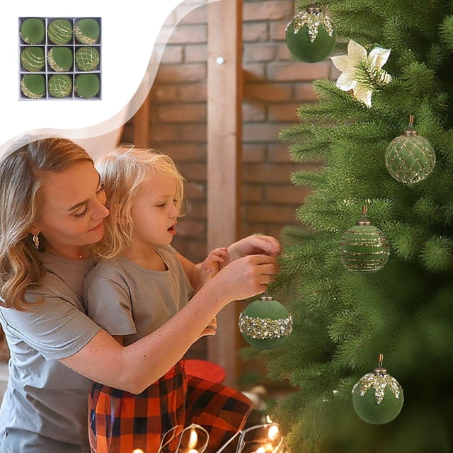 Bolas Navideñas Colgantes de 8 Cm con Acabado Nevado, Bolas de Plástico con Purpurina, Juego de 9 | Adornos Nevados Verdes para El Árbol de Navidad