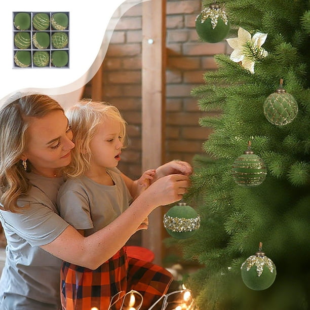 Adornos navideños, regalos navideños, bolas navideñas flocadas de 8 cm, bolas colgantes de plástico con purpurina, juego de nueve bolas decorativas para árbol de Navidad.