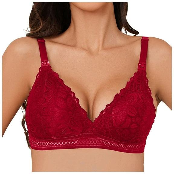 DXOUPM Lace Nursing Bras Wirefree Padded Nursing Bras for Breastfeeding V Neck Maternity Bra for Pregnancy Soft Lace Red L