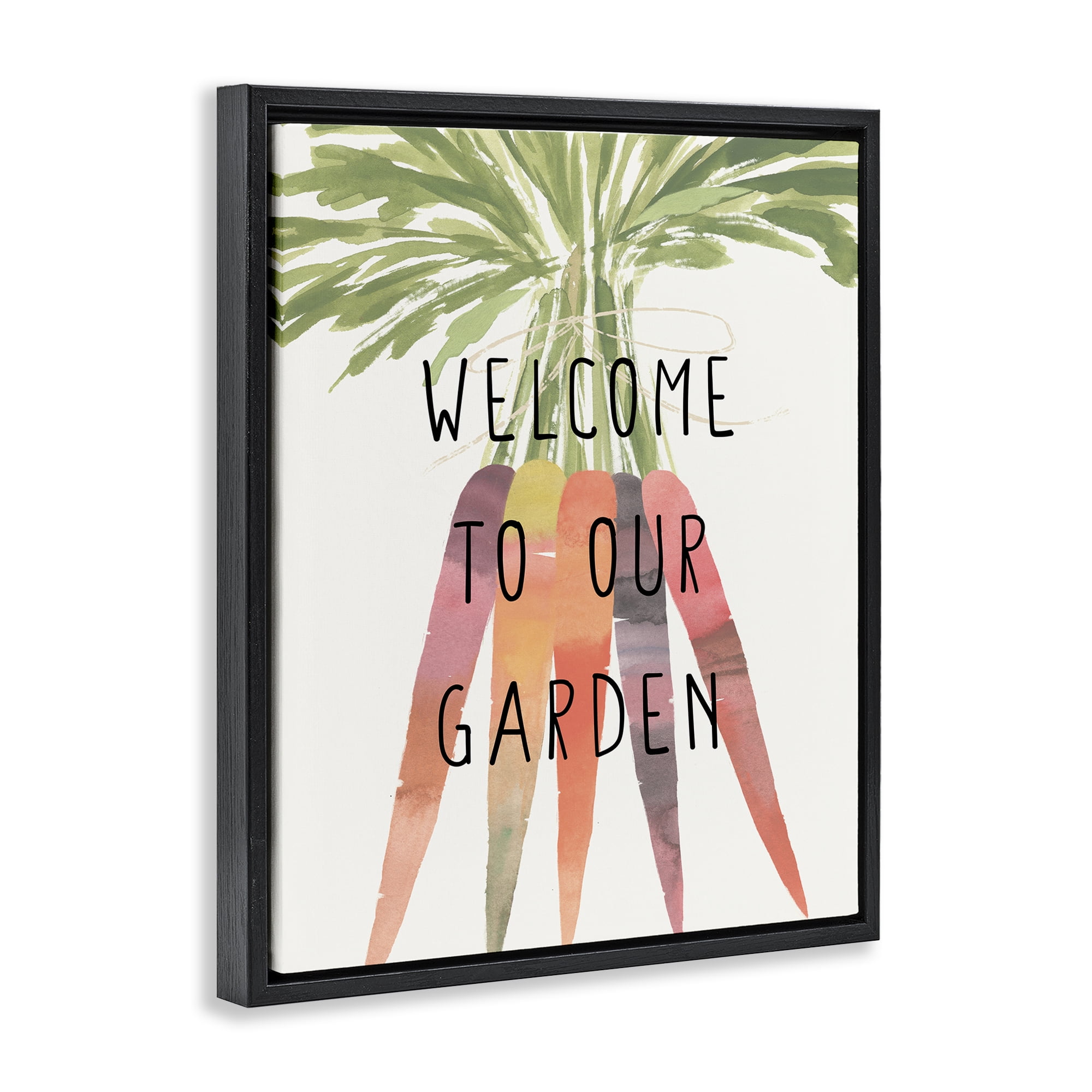Stupell Industries Welcome Garden with Carrots Food & Beverage Painting Black Floater Framed Canvas Art Print Wall Art, 17 x 21