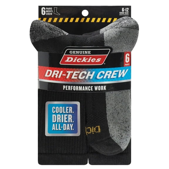 Dickies Men's Dri-Tech Crew Socks, 6-Pack Black Size 6-12