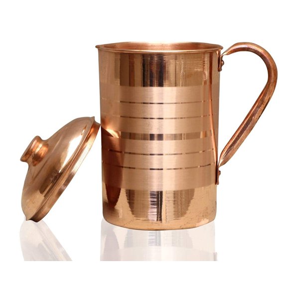 Zig Zag Hand Made Pure Copper Jug Tumblers for Storing and Drinking Water with Lid Authentic and Strong Riveted Handle - Holds 60 OZ