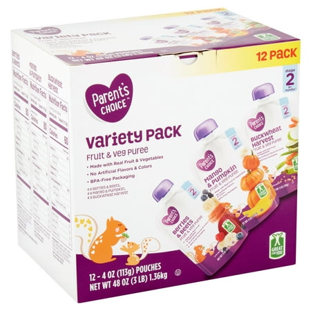 Parent's Choice Fruit & Veg Puree Variety Pack, Stage 2, 6+ Months, 4 oz, 12 count