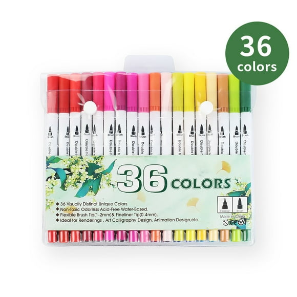 36 Packs Dual Tip Colored Pens Brush and Fine Tip Pens Double Head Ended Colorful Drawing Pens Art Pens Felt Tip Coloring Writing Painting Lettering Markers (36 Assorted Colors)