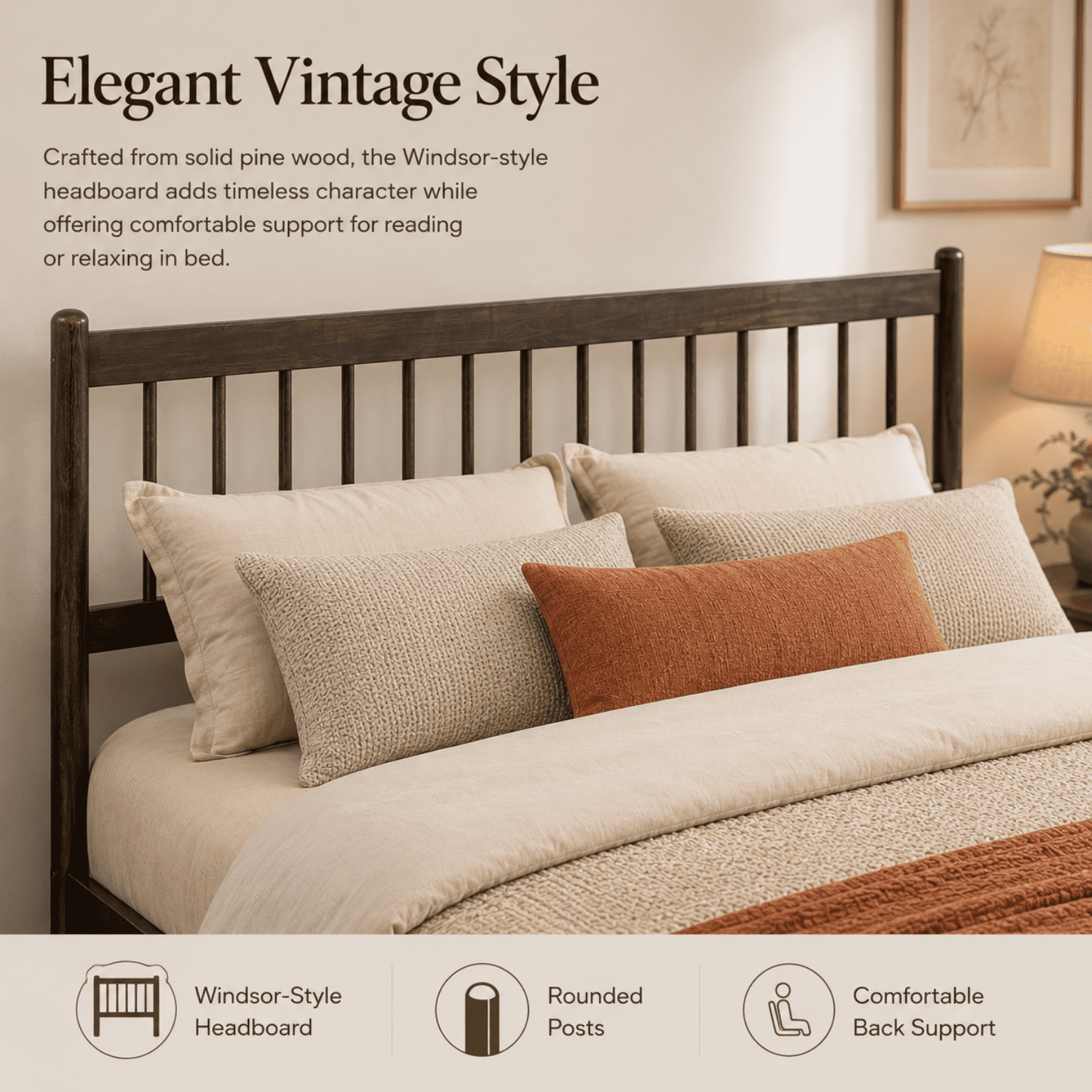 Miniyam Queen Pine Wood Platform Bed Frame with Spindle Headboard, 9.8" Underbed Storage, Brown