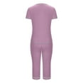 thumbnail image 5 of Virmaxy Womens Casual Sleepwear Pajamas Set Summer Round Neck Loose Pajamas 2 Piece Short Sleeve Solid Color T-Shirt Top Elastic Waist Tie Pocket Capri Pants Casual Set Purple M, 5 of 9