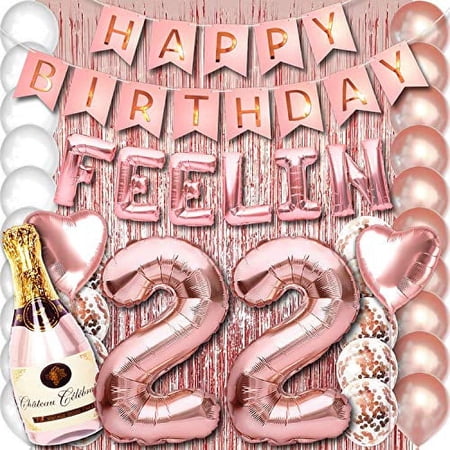 Feelin 22 Party Supplies for Her Rose Gold 22nd Birthday Decorations for Women and Girls with Happy Birthday Banner and Digit Balloons Including Latex and Confetti Balloons