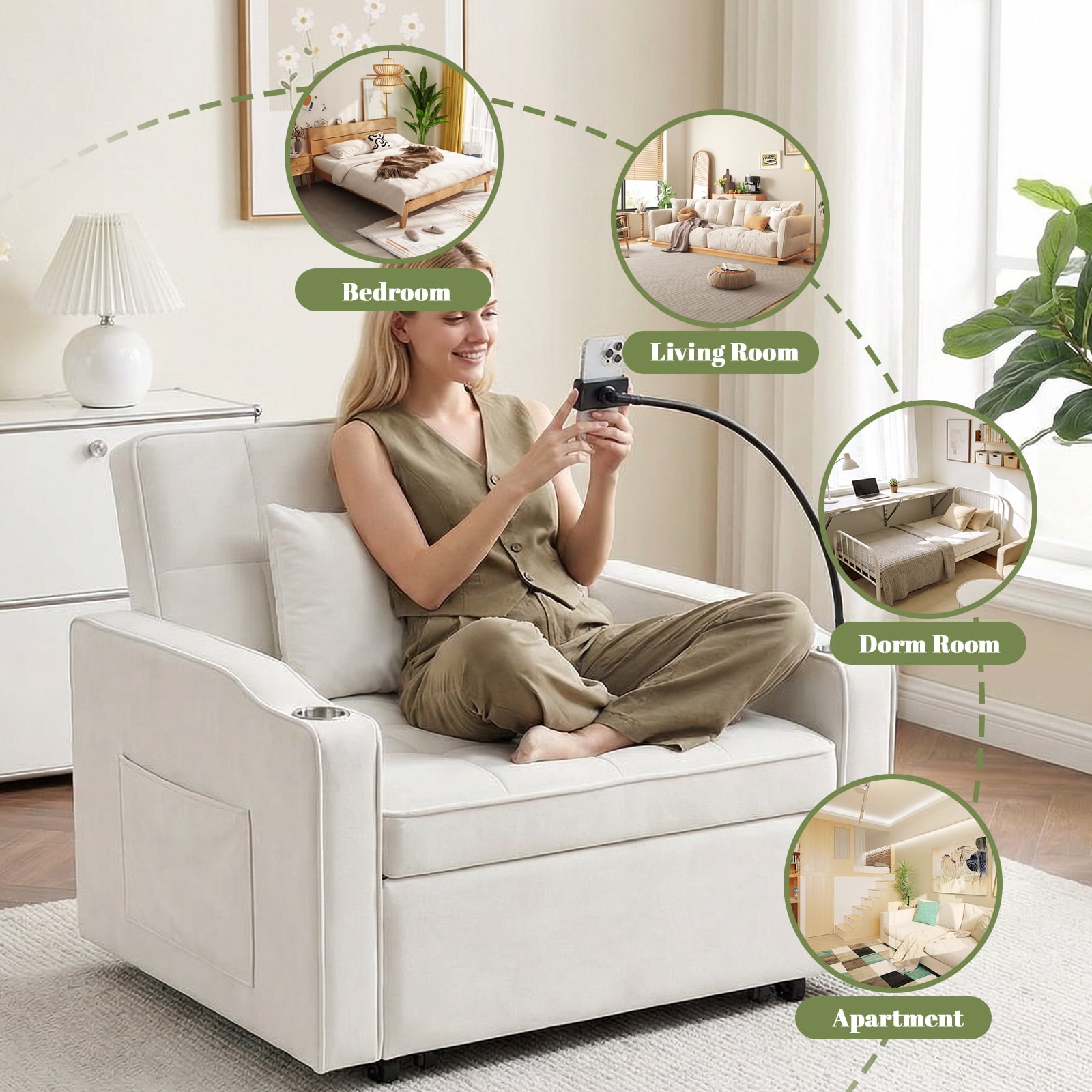 Gewnee 37.2''Convertible Sofa Bed with USB and Phone Holder,2 Cup Holders and 3 Adjustable Backrest,Suitable for Living Room,Apartment and Office.Beige