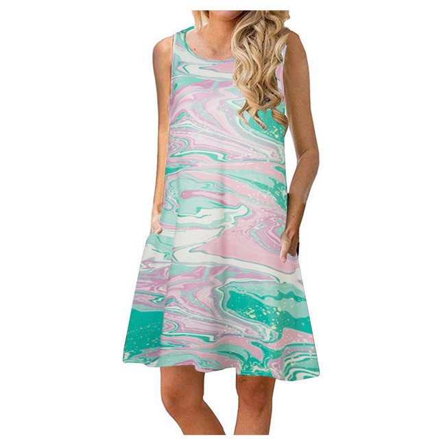 Elegante mujer sin mangas Rounk cuello verano cómodo bolsillos de impresión Casual vestido de tanque suelto OAVQHLG3B Store lin121212