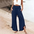 thumbnail image 4 of Domzle Womens Linen Pants Summer 2026 Wide Leg Pants Smocked Waist Ruffle Palazzo Pant Boho Flowy Beach Pant with Pockets Dark Blue M Sweatpants, 4 of 7