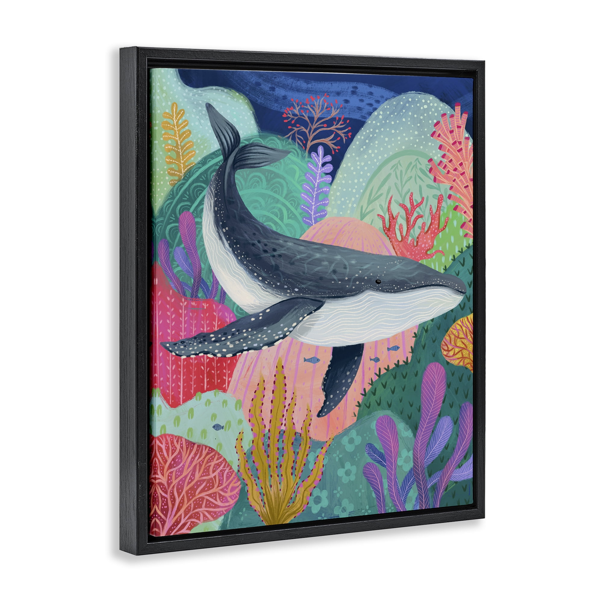 Stupell Industries Bright Whale & Sea Coral Nautical & Beach Painting Black Floater Framed Canvas Art Print Wall Art, 17 x 21