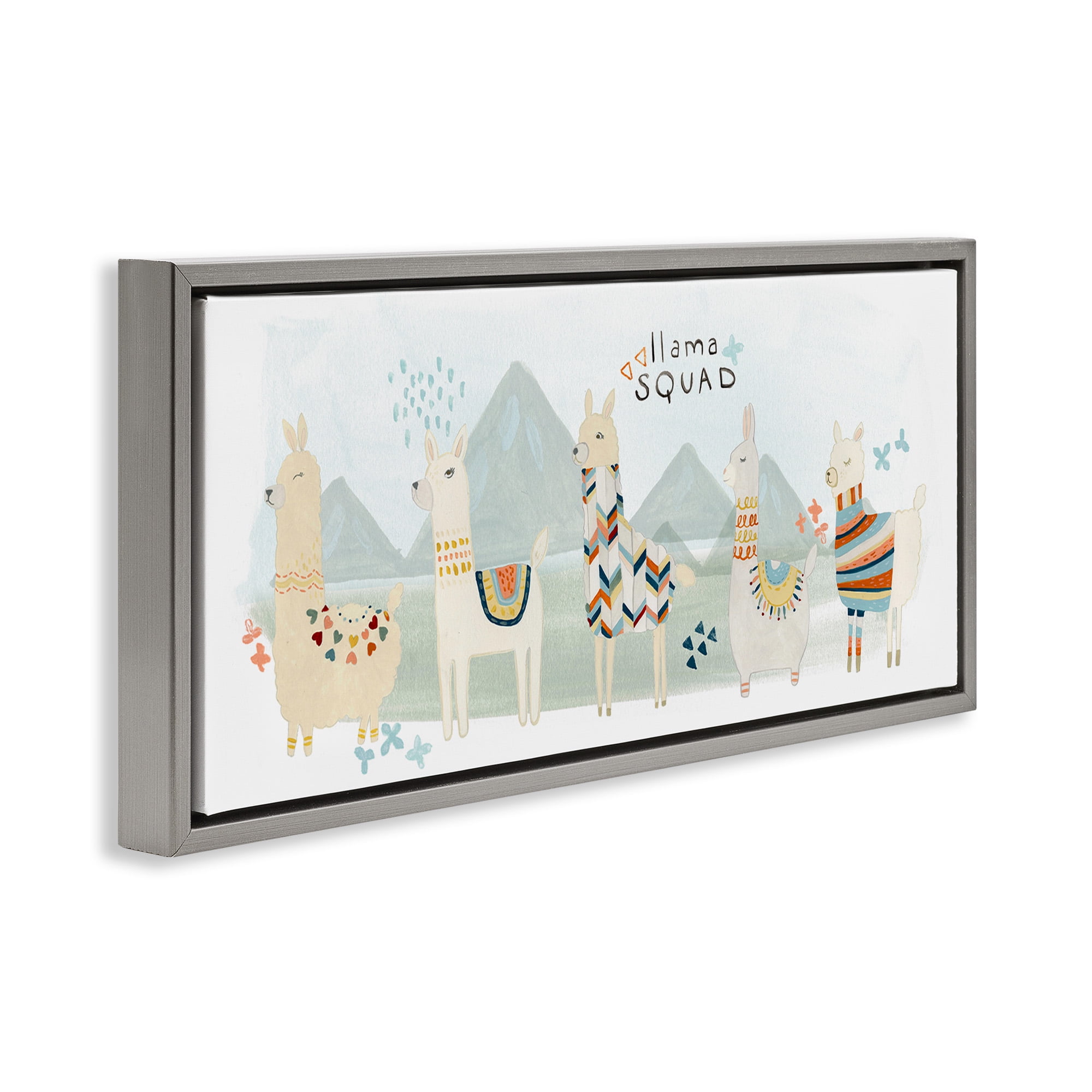 Stupell Industries Llama Squad Whimsical Patterns Animals & Insects Painting Gray Floater Framed Canvas Art Print Wall Art, 31 x 14