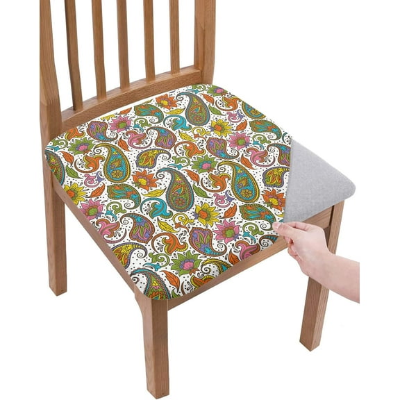 Dining Room Chair Seat Covers, Paisley Floral Print Bohemian Style Abstract Art Removable Stretch Chair Seat Cushion Slipcovers Protector for Holiday Party Festival Decoration, Set of 4