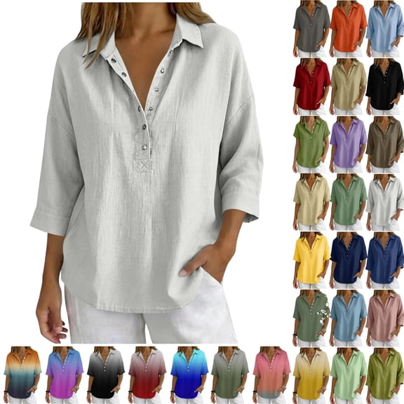 Cotton Linen Tops for Women - 2026 Summer Gauze Shirts Button Down V Neck Half Sleeve Blouses Dressy Casual Clothes