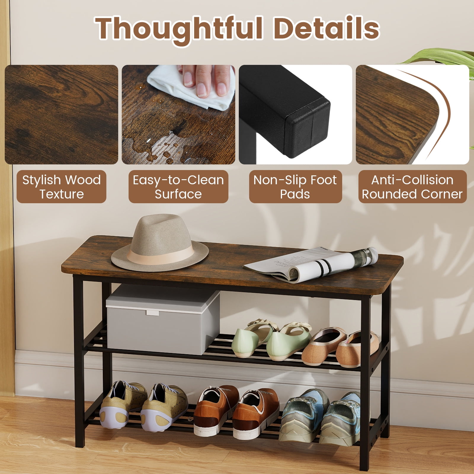Gymax 3-Tier Shoe Rack Bench w/ Heavy Duty Metal Frame & 300 lbs Seat for Hallway